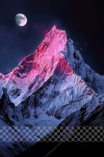 PSD Розовая горная вершина со снежной луной в небе на прозрачном фоне