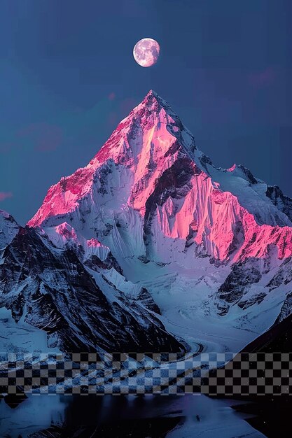 PSD pink mountain peak with snow moon in sky on transparent background