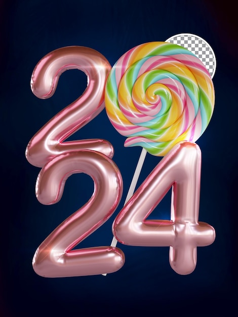 Pink New Year 2024 Ballon Text With Candy 3D Render Isolated Background