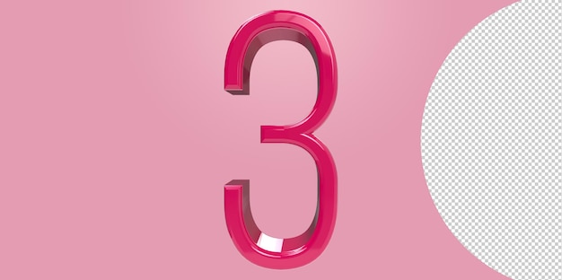 Numero rosa 3 isolato su sfondo trasparente. illustrazione resa 3d.