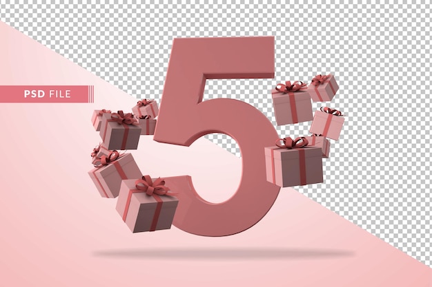 Pink number 5 a birthday concept with gift boxes in 3d render