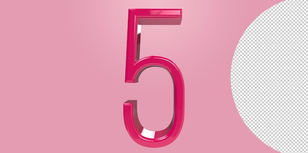 Pink number 5 isolated on transparent background. 3d rendered illustration.