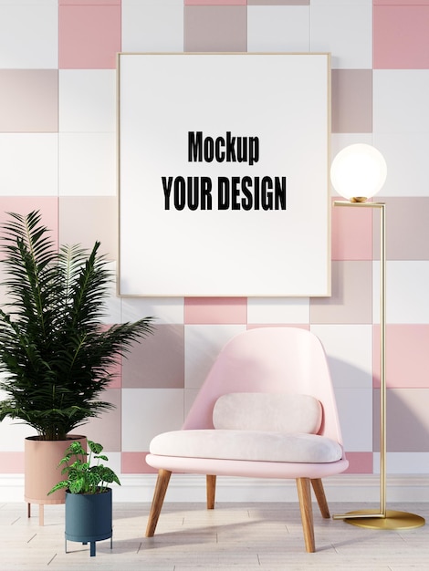 pink pastel chair in living room Scandinavian cozy minimal interior 3d frame mockup plant tree