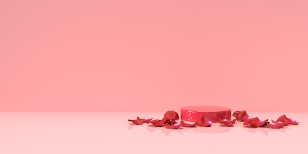 핑크 파스텔 제품 배경에 서있다. 추상 최소한의 형상 개념