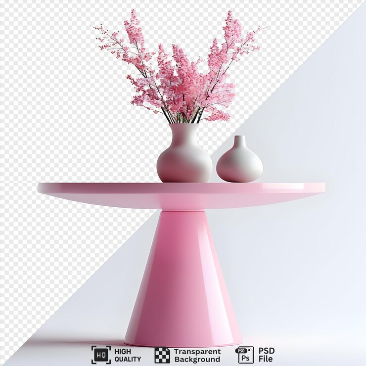 PSD pink pedestal table with white vases and pink flowers on transparent background