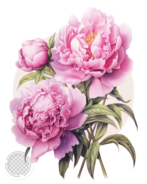 Illustrazione botanica di peonie rosa con sfondo trasparente
