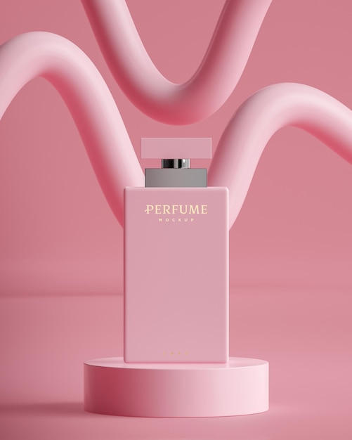 Pink perfume bottle logo mockup for brand presentation on abstract background 3d render