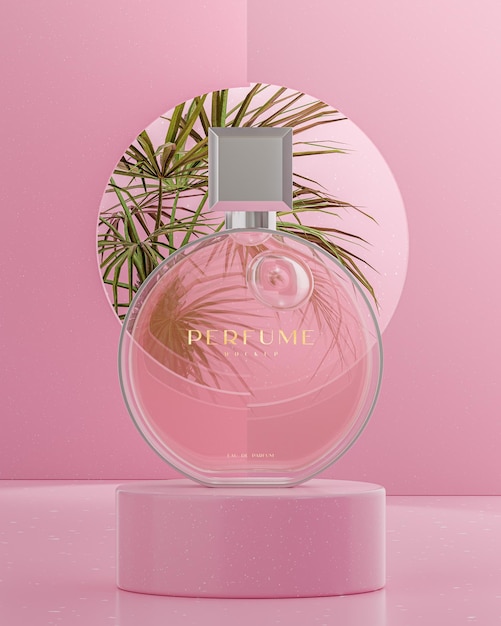 Pink perfume bottle logo mockup on podium tropical trees background 3d render