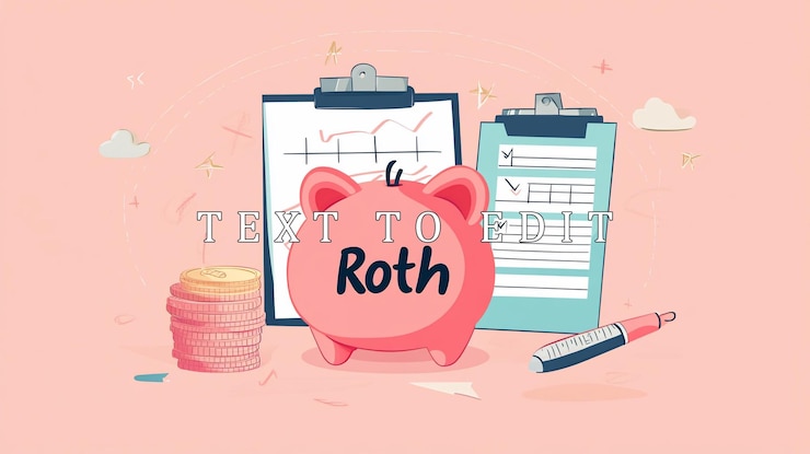 PSD pink piggy bank labeled roth with charts checklist coins and pen illustrating retirement savings