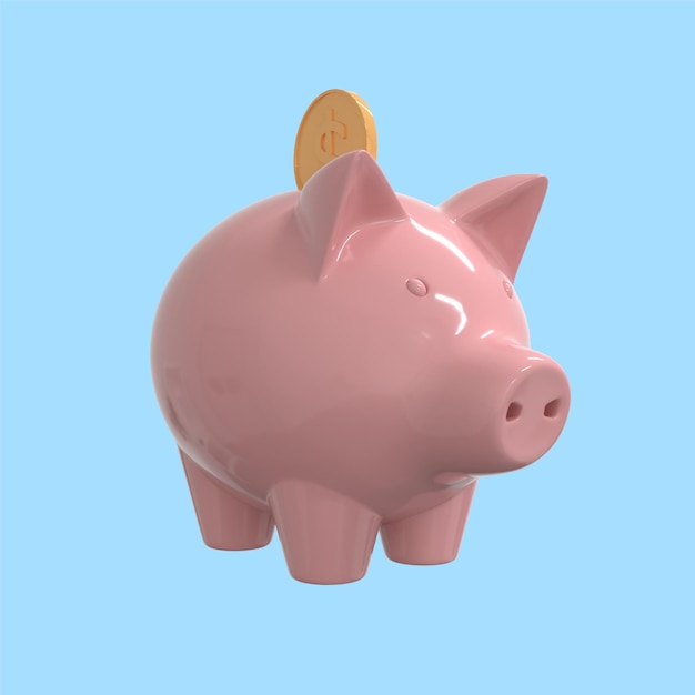 a pink piggy bank with a coin on it