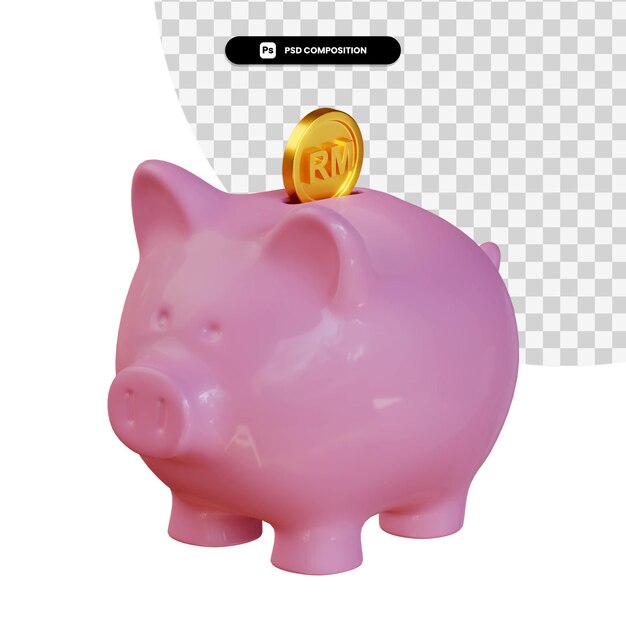 Salvadanaio rosa con moneta ringgit rendering 3d isolato