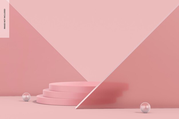 PSD pink podium with frosted triangle backdrop mockup