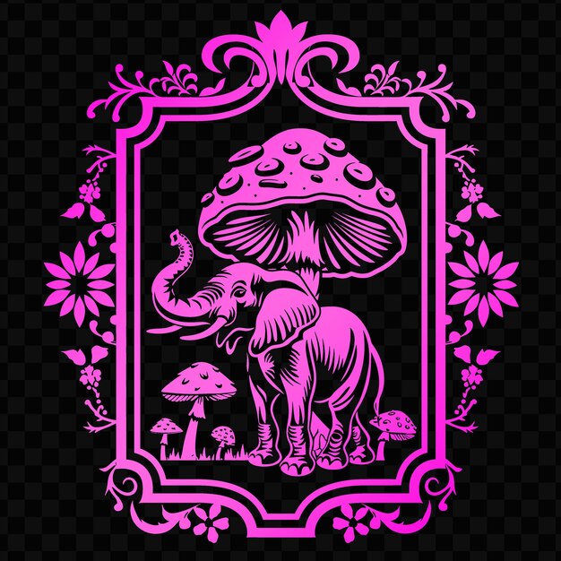 A pink and purple design of an elephant with a mushroom on the top