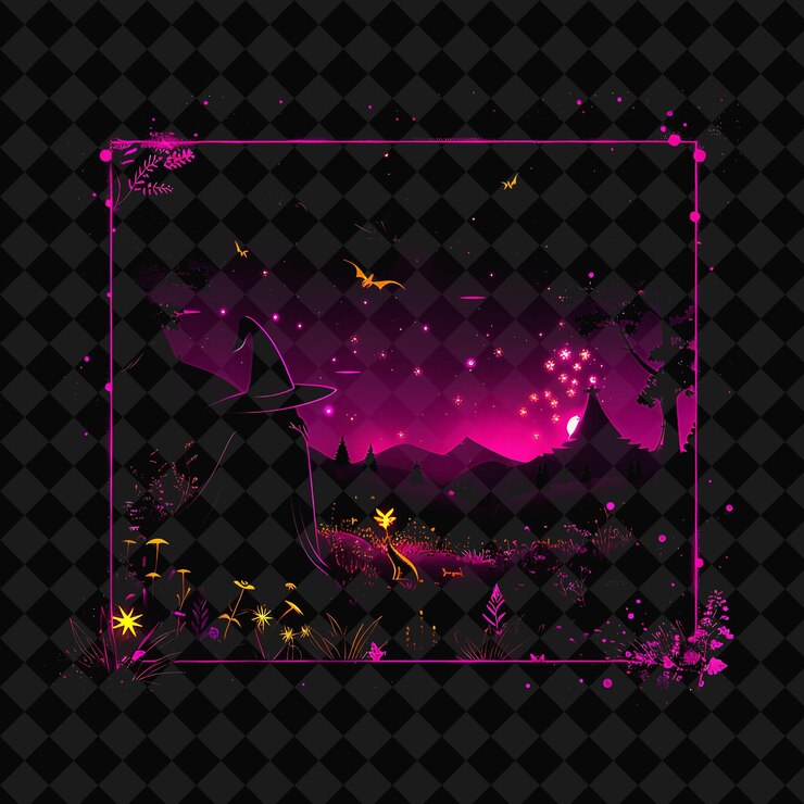 PSD a pink and purple screen with a witch flying on it