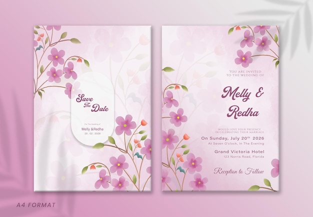 A pink and purple wedding invitation for a wedding.