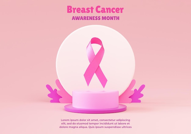 Pink ribbon on a platform for breast cancer awareness month banner background design in 3d render