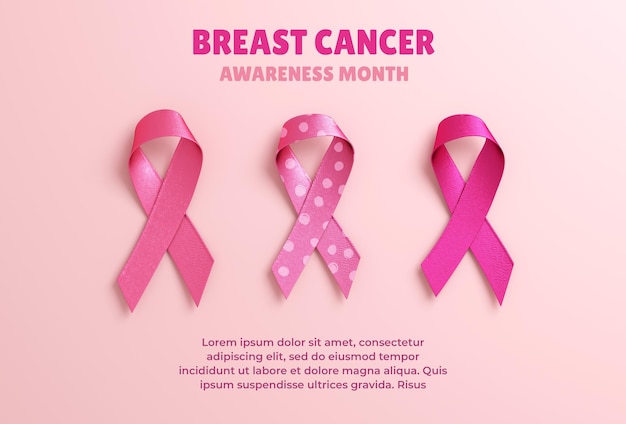 Pink ribbons and breast cancer awareness month text for flyer background template