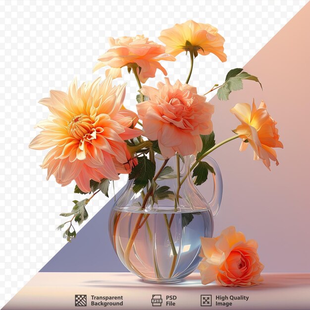 PSD pink rose and orange chrysanthemum on glass vase against transparent background