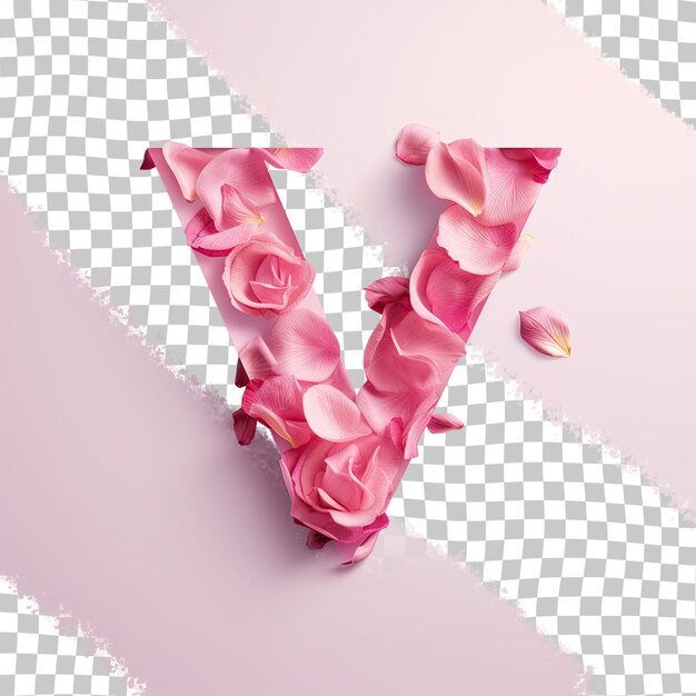 PSD pink rose petal creates the letter v on a transparent background