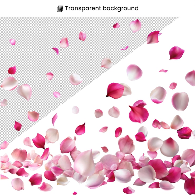 PSD ピンクのバラの花びらが透明な背景に落ちる