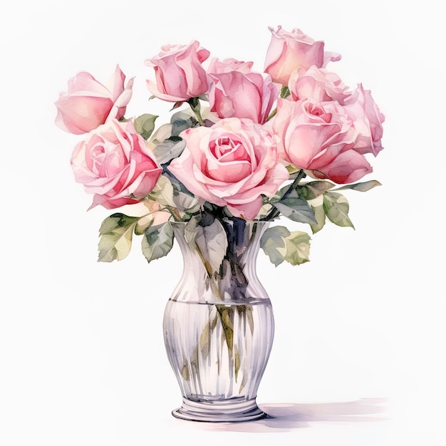 Pink rose in vase watercolor