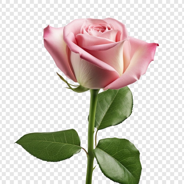 A pink rose with green leaves isolated on transparent background