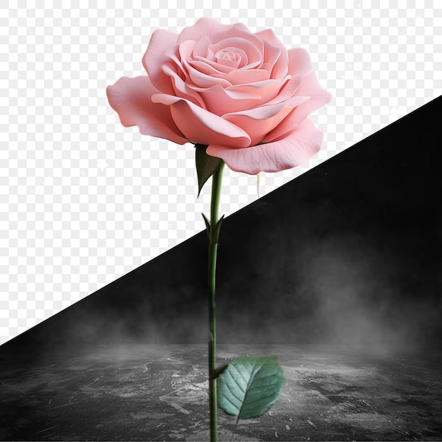 a pink rose with a green stem in the middle of it