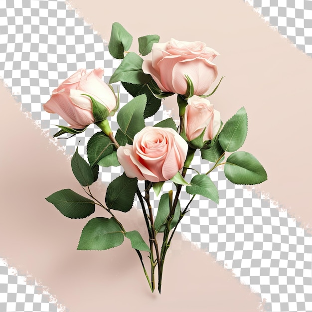 PSD pink roses and green leaves arranged in a bouquet set against a transparent background