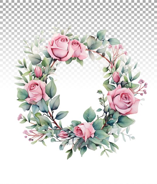 PSD pink roses and greenery watercolor border on clear background