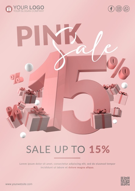 PSD pink sale flyer template with 15 percent