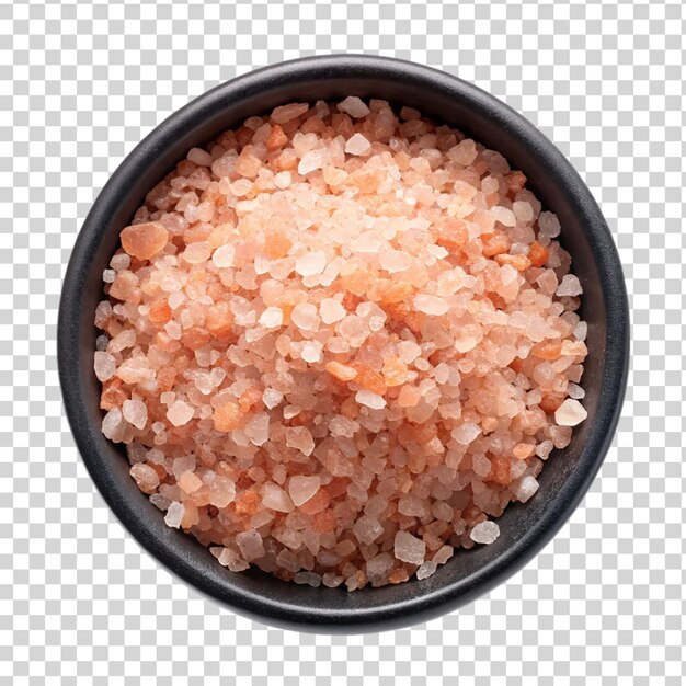 PSD pink salt in a black bowl isolated on transparent background