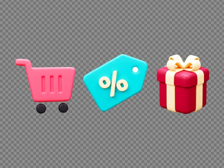 PSD 青いパーセントタグの隣にピンクのショッピングカートとボウ付きの赤いギフトボックス