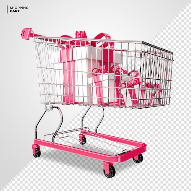 Pink shopping cart with gift box 3d render isolated