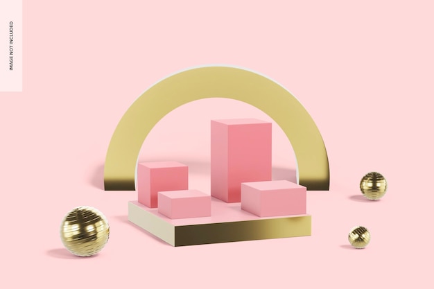 PSD pink square podium set mockup, perspective 02