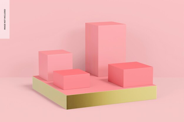 Pink Square Podium Set Mockup, Perspective