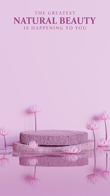 Podio in pietra rosa e tronco con fiori di loto per la presentazione del prodotto