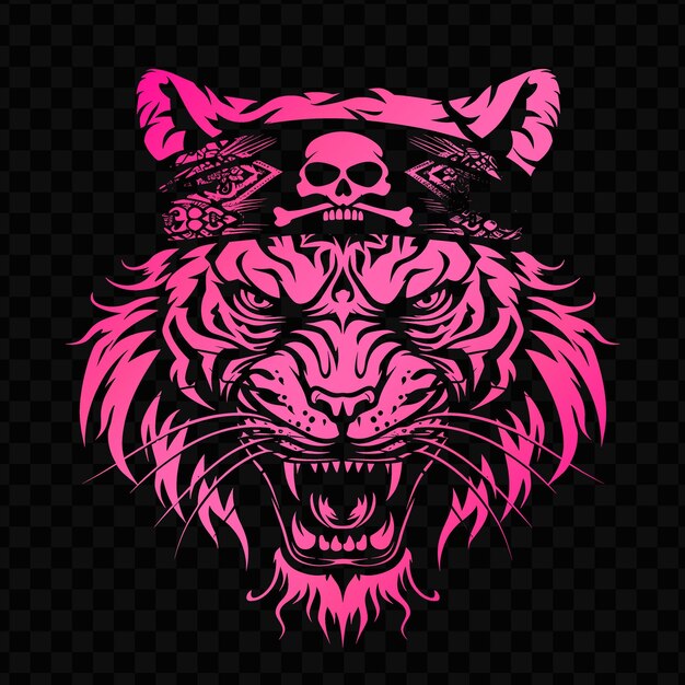 A pink tiger head with a skull on the head