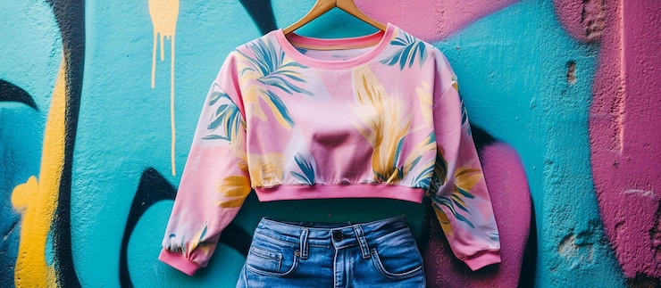 PSD pink tropical print cropped sweatshirt and denim shorts against graffiti wall