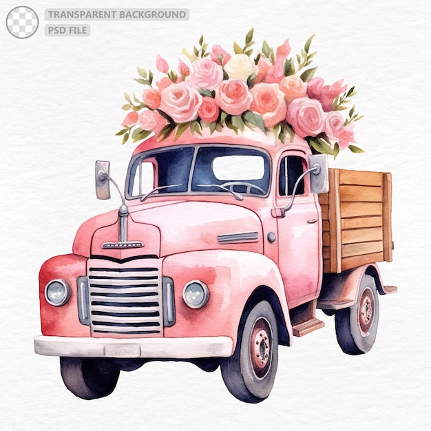 花を積んだピンクのトラック