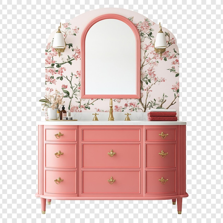 PSD pink vanity with floral wallpaper