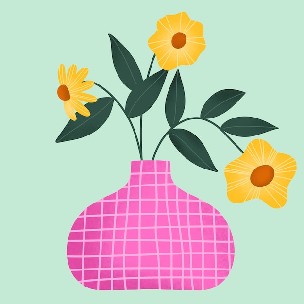 PSD pink vase with pretty yellow flowers