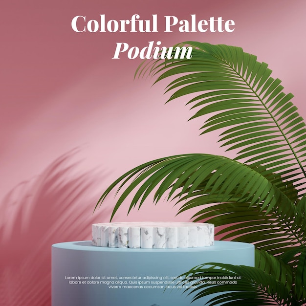pink wall and palm tree 3d render image blank mockup white marble and blue podium in square