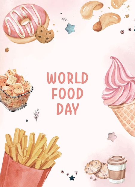 Pink watercolor style world food day poster with chips and sweets snack image elements