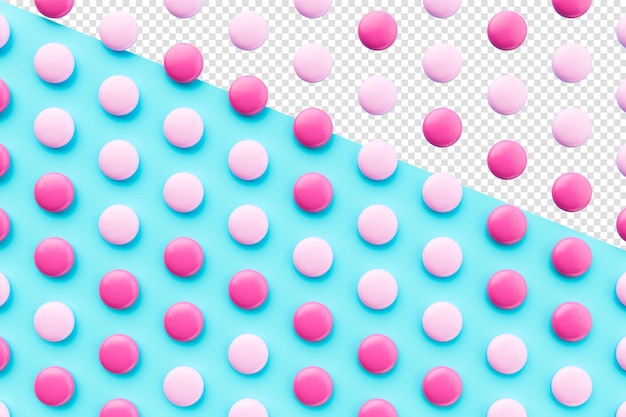 Pink and white coated chocolate candies on light blue background 3d illustration