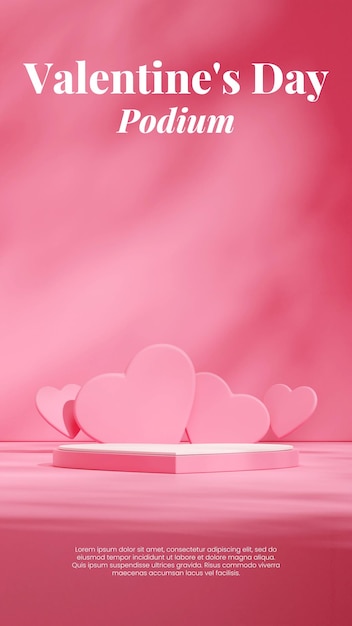 Pink and white heart podium in portrait pink scene and heart shape rendering 3d blank mockup