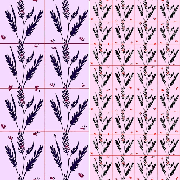 A pink and white pattern with purple flowers and leaves