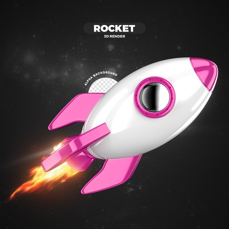 PSD pink and white space rocket flying 3d render isolated