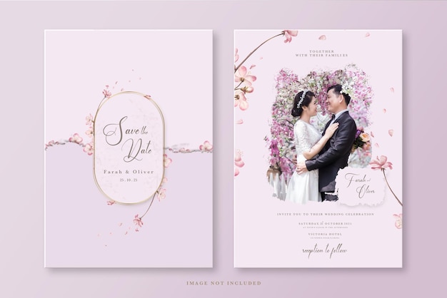 PSD a pink and white wedding invitation with a photo of a couple.