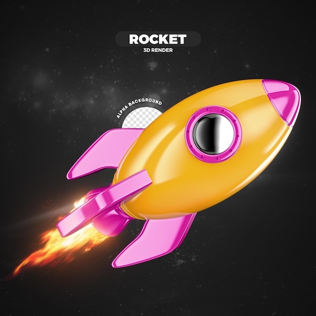 Pink and yellow space rocket flying 3d render isolated