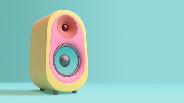 A pink and yellow speaker sits on a blue background.